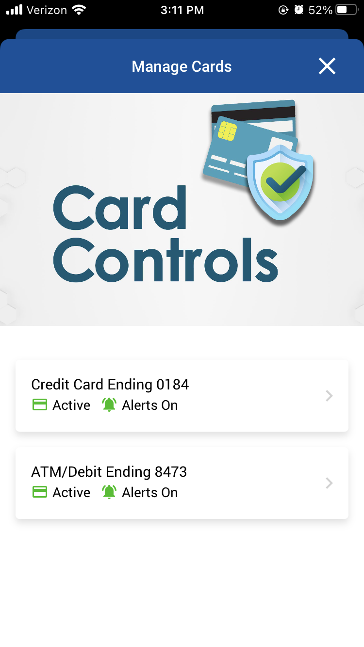 Card Controls Menu Mobile App