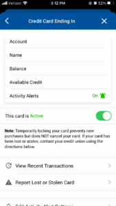 Credit Card Page Card Controls