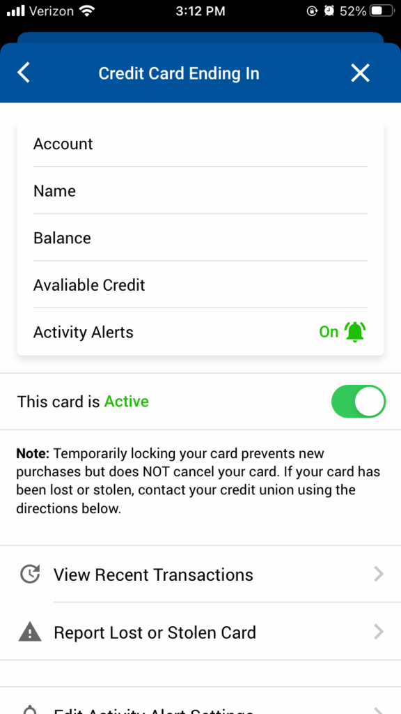 Credit Card Page Card Controls