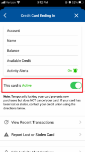 Credit Card Page Locking Card Controls