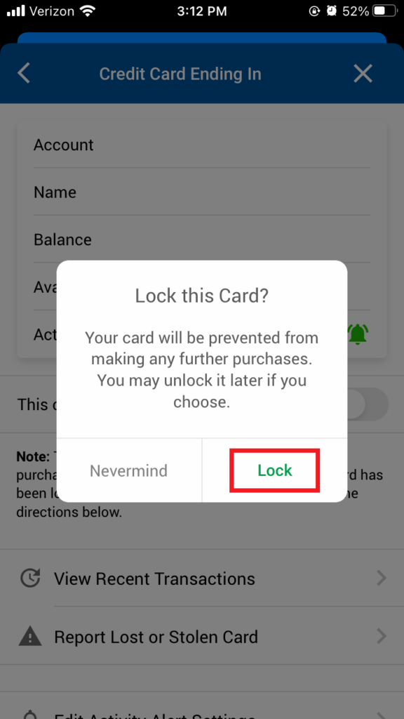 Credit Card Page Locking Pop Up- Card Controls