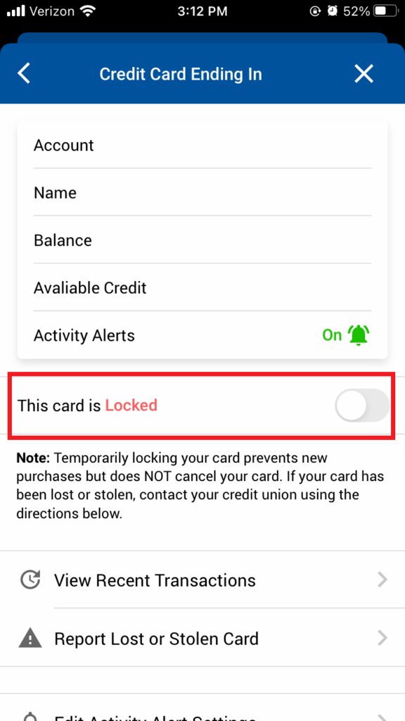 Credit Card Page Unlocking Card Controls