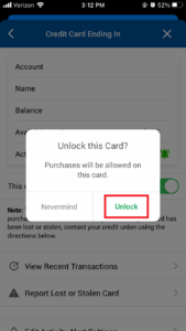Credit Card Page Unlocking Pop Up Card Controls