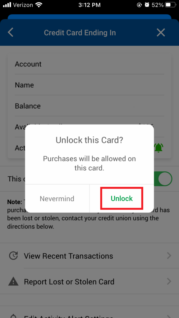 Credit Card Page Unlocking Pop Up Card Controls