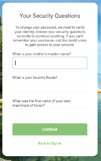 Three Security Questions Example Screen
