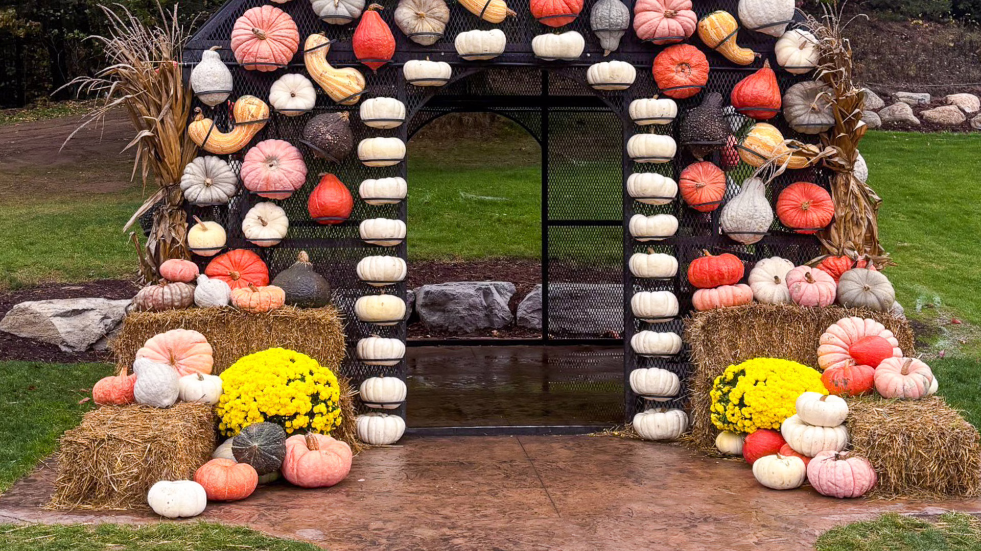 Pumpkins in doorway.