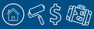 Home, Paint Brush, Dollar Sign, and Luggage icons on blue background.