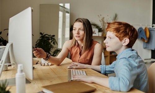 Mother teaching young son about finances using a computer.