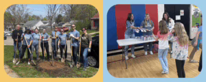 Community news photo of tree planting with Bloom CU and donating books with West Michigan CU for July Newsletter.