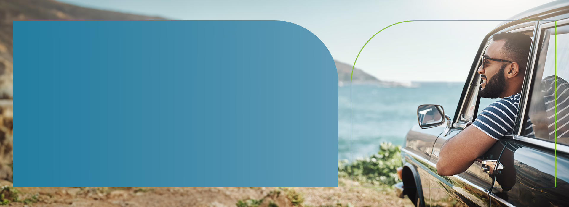 Man sitting in his car overlooking ocean with a bue text box on left side of photo.